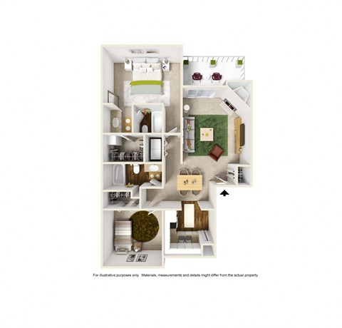 Floor plan for 2 beds, 2 baths, 1040 sqft